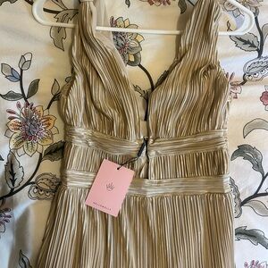 Hello Molly Tan and White Plunge Maxi Dress